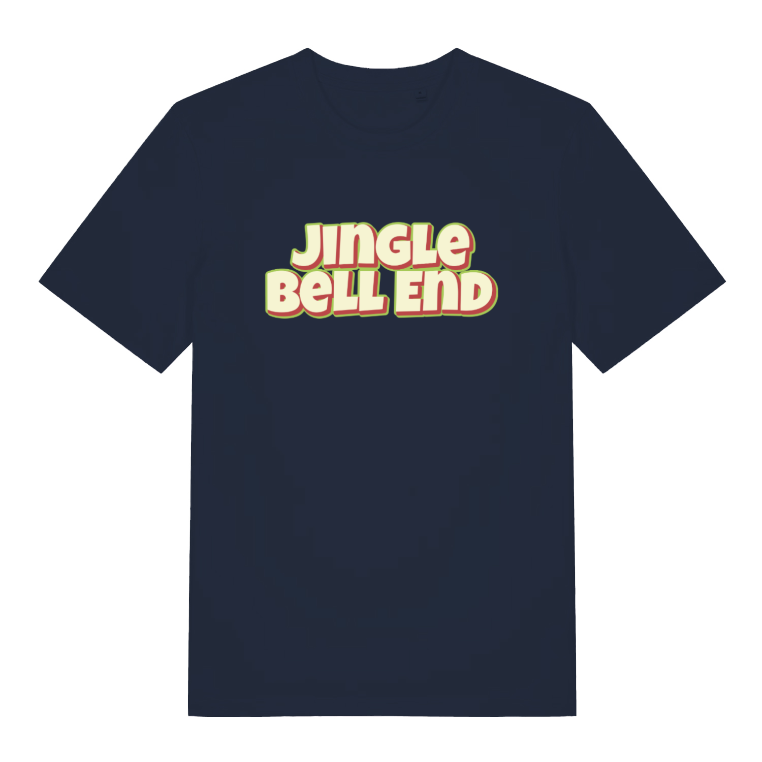 navy christmas t-shirt with the slogan 'jingle bellend'