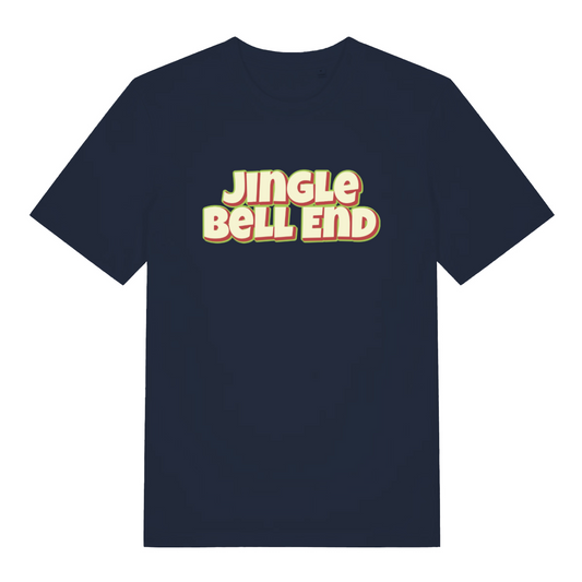 navy christmas t-shirt with the slogan 'jingle bellend'