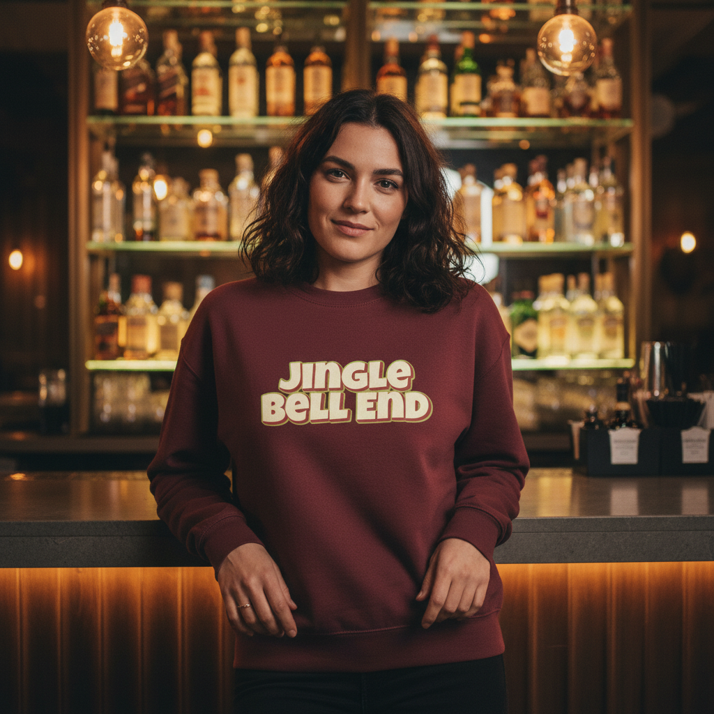 Person wearing a maroon sweatshirt with 'Jingle Bell End' text in a bar setting
