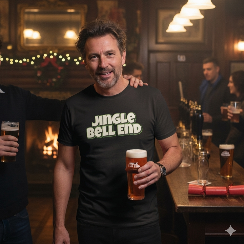Man wearing a 'Jingle Bell End' shirt holding a beer in a pub setting