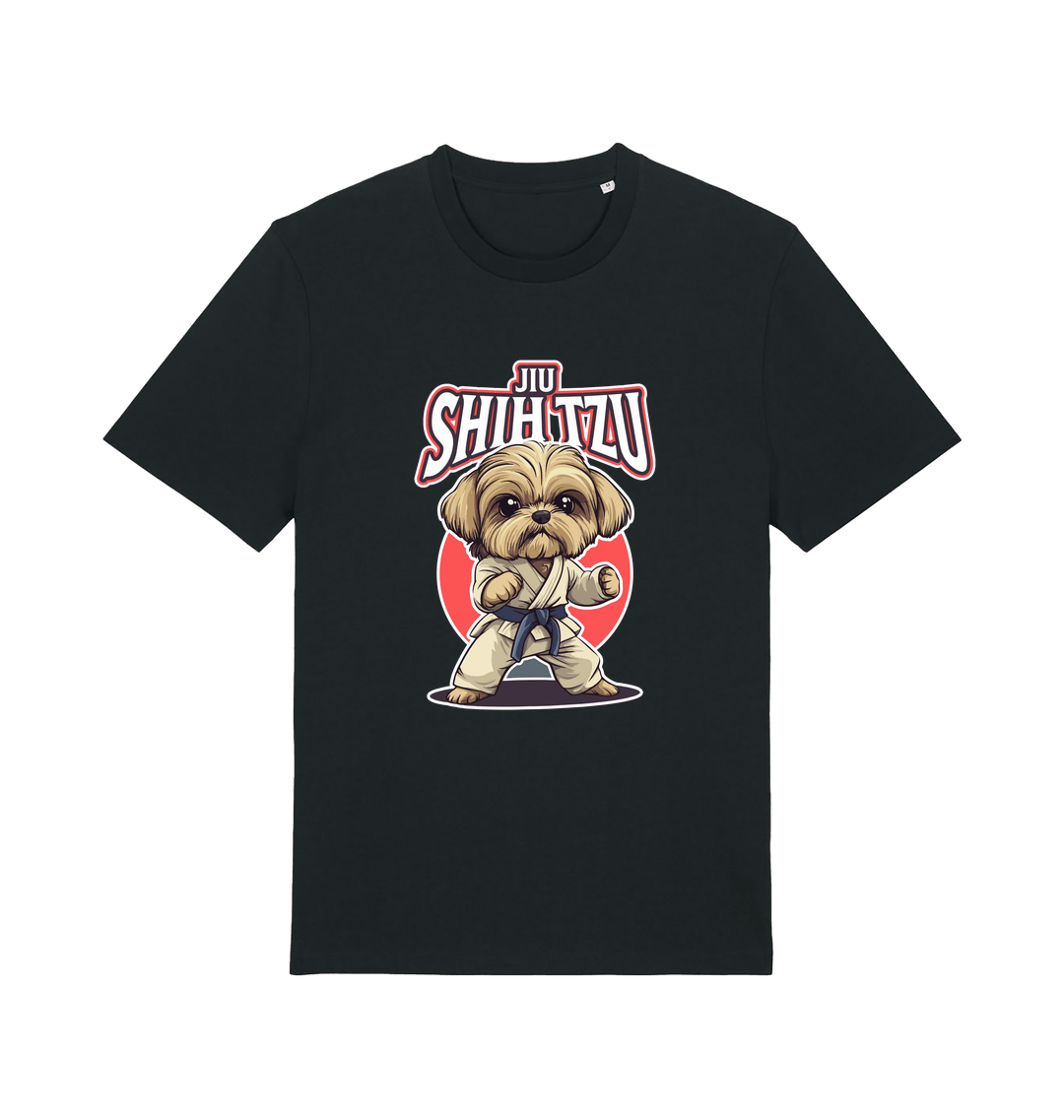 Black funny animal t-shirt with a Shih Tzu graphic wearing a martial arts uniform 