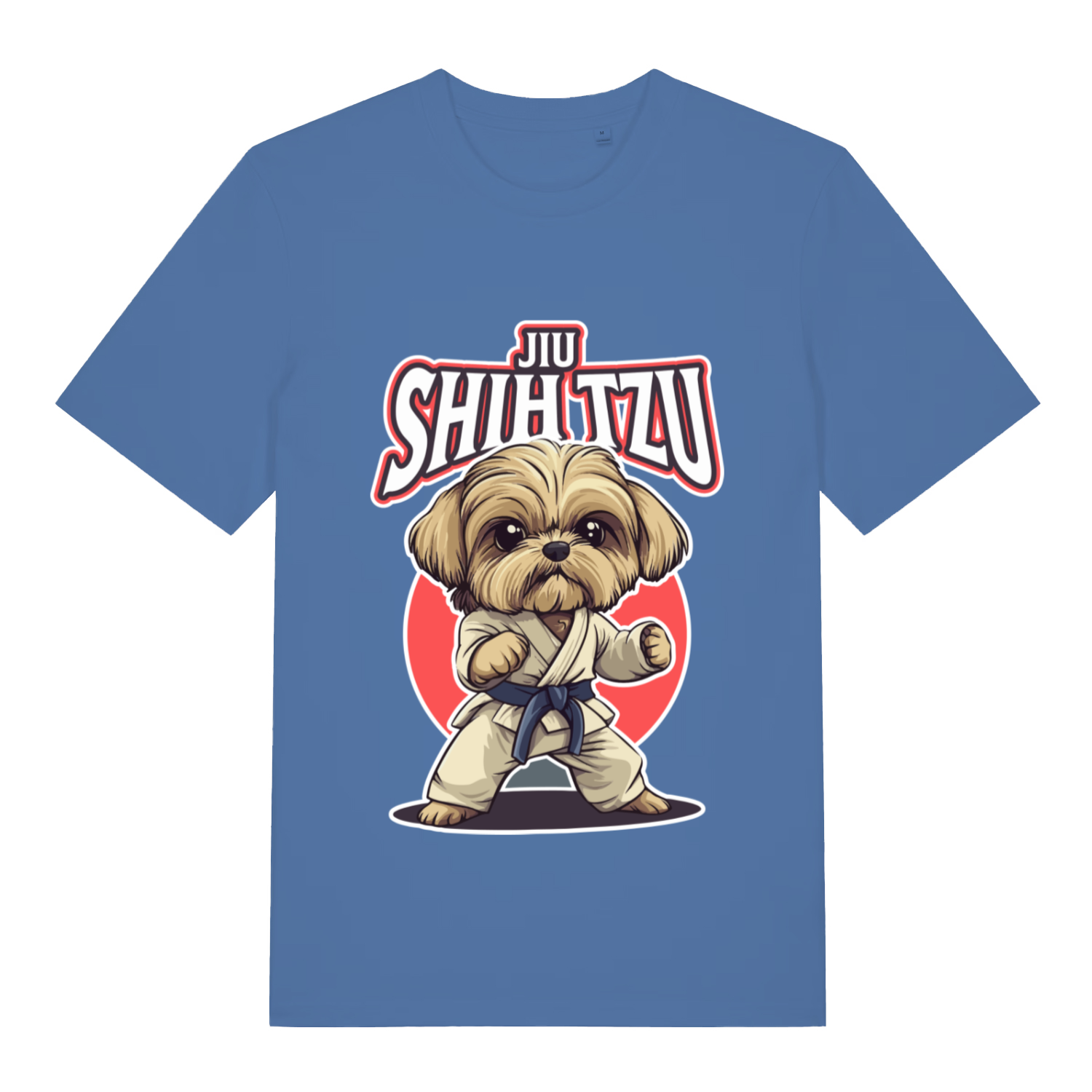 Blue Jiu Shih Tzu funny graphic t-shirt with martial arts Shih Tzu in karate gi and bold “JIU SHIH TZU” text  