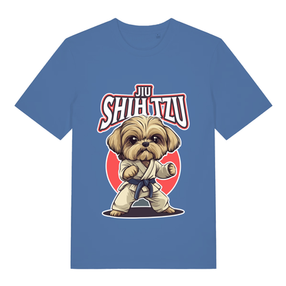Blue Jiu Shih Tzu funny graphic t-shirt with martial arts Shih Tzu in karate gi and bold “JIU SHIH TZU” text  