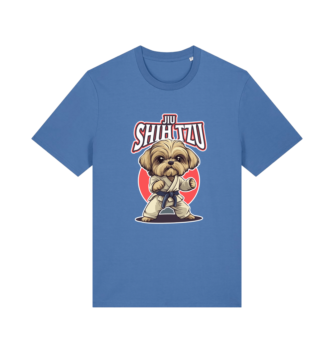 blue funny animal t-shirt with a Shih Tzu graphic wearing a martial arts uniform 