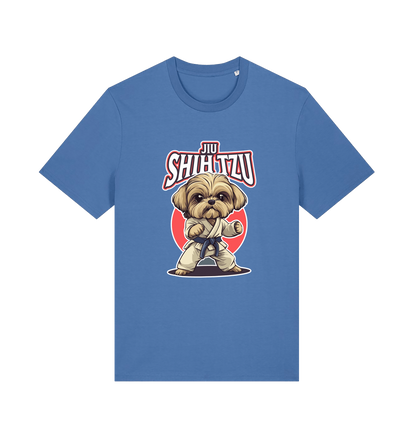 blue funny animal t-shirt with a Shih Tzu graphic wearing a martial arts uniform 