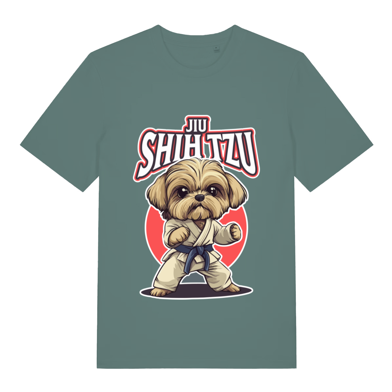 Green Jiu Shih Tzu funny graphic t-shirt featuring determined Shih Tzu fighter and “JIU SHIH TZU” design  