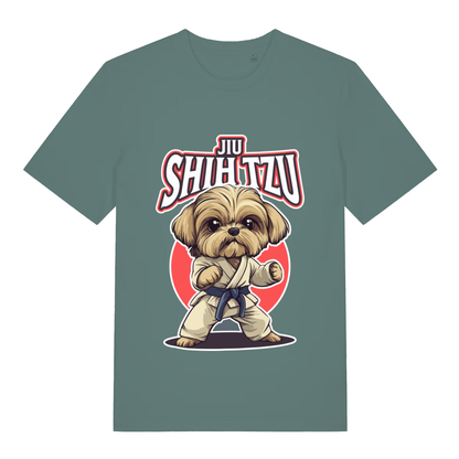 Green Jiu Shih Tzu funny graphic t-shirt featuring determined Shih Tzu fighter and “JIU SHIH TZU” design  