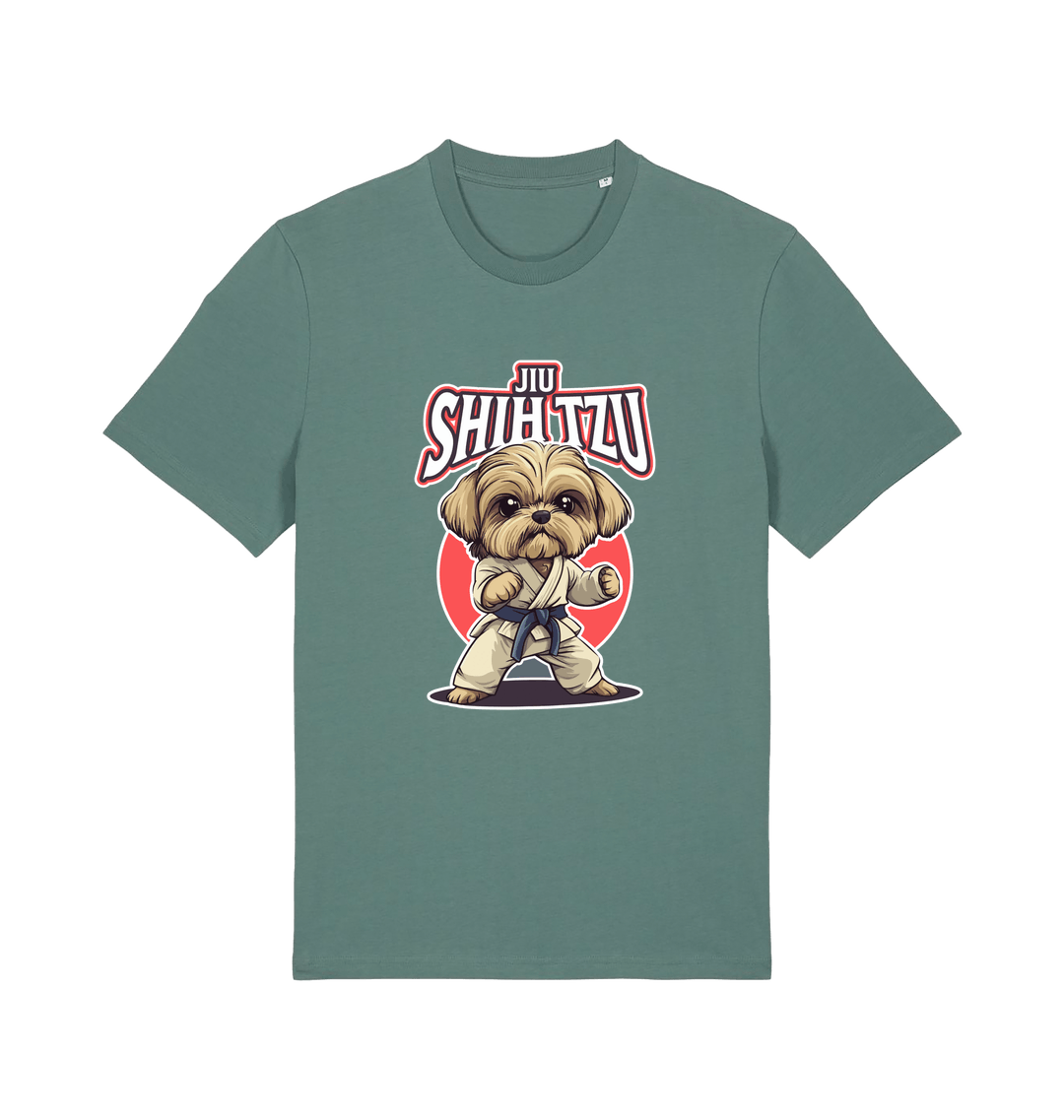 green funny animal t-shirt with a Shih Tzu graphic wearing a martial arts uniform 