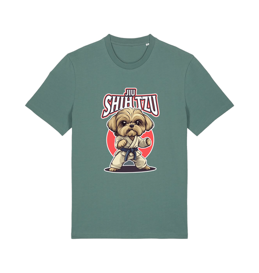 green funny animal t-shirt with a Shih Tzu graphic wearing a martial arts uniform 