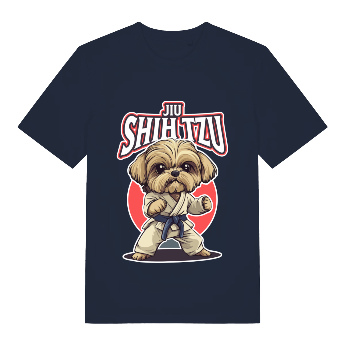 Navy Jiu Shih Tzu funny graphic t-shirt showing cute Shih Tzu in gi with “JIU SHIH TZU” lettering  