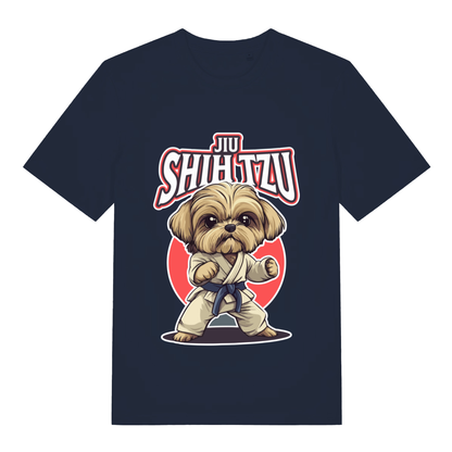 Navy Jiu Shih Tzu funny graphic t-shirt showing cute Shih Tzu in gi with “JIU SHIH TZU” lettering  