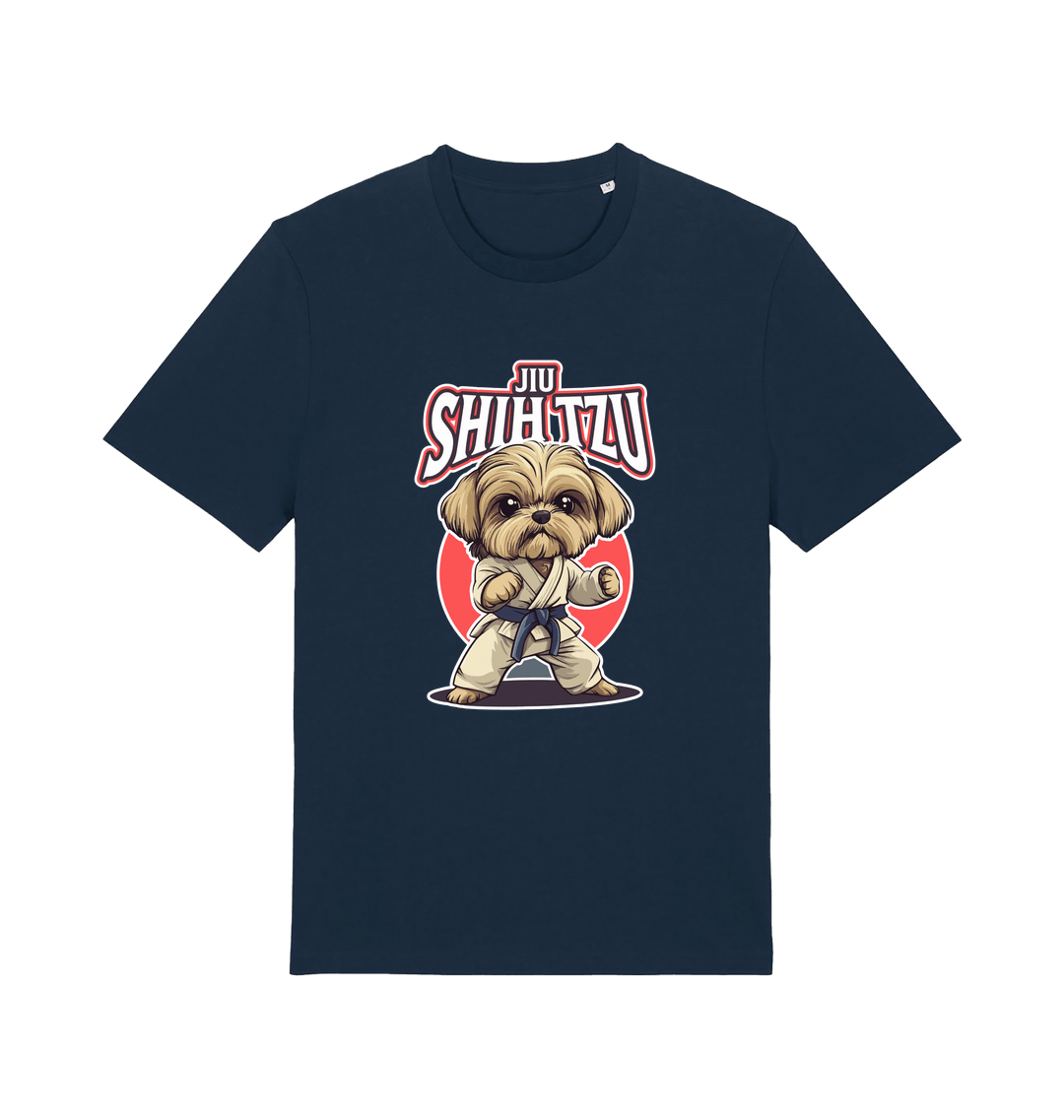 navy funny animal t-shirt with a Shih Tzu graphic wearing a martial arts uniform 