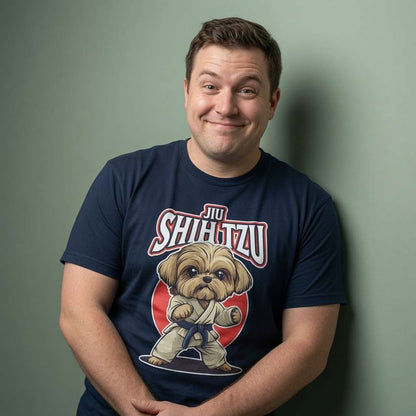 Man with slight smile and arms crossed in navy Jiu Shih Tzu tee with martial arts Shih Tzu design, funny witty mens Shih Tzu pun graphic