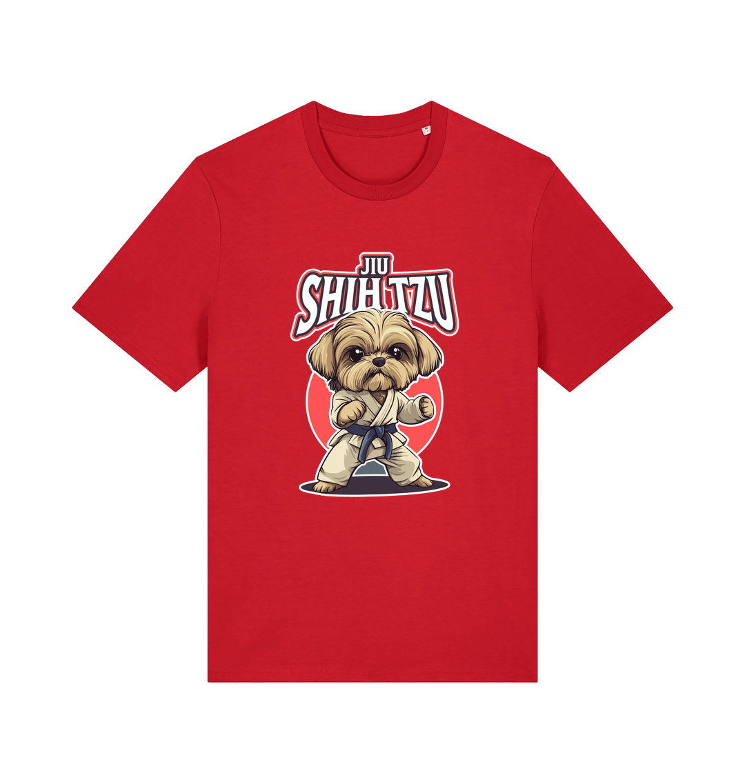 red funny animal t-shirt with a Shih Tzu graphic wearing a martial arts uniform 