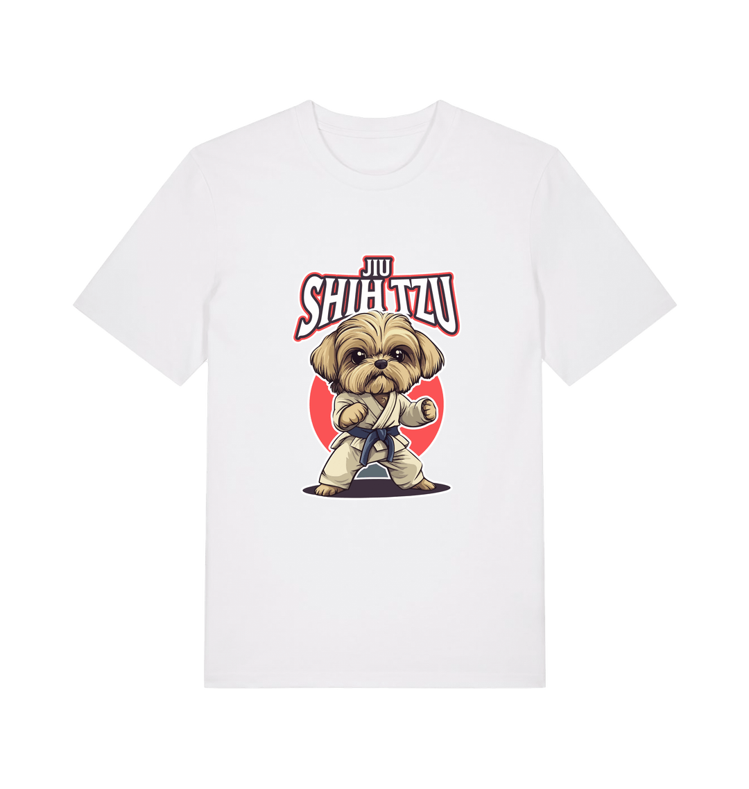 white funny animal t-shirt with a Shih Tzu graphic wearing a martial arts uniform 