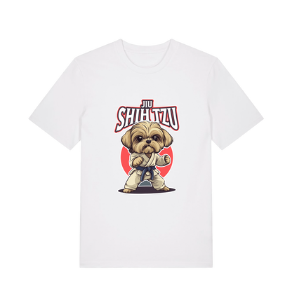white funny animal t-shirt with a Shih Tzu graphic wearing a martial arts uniform 