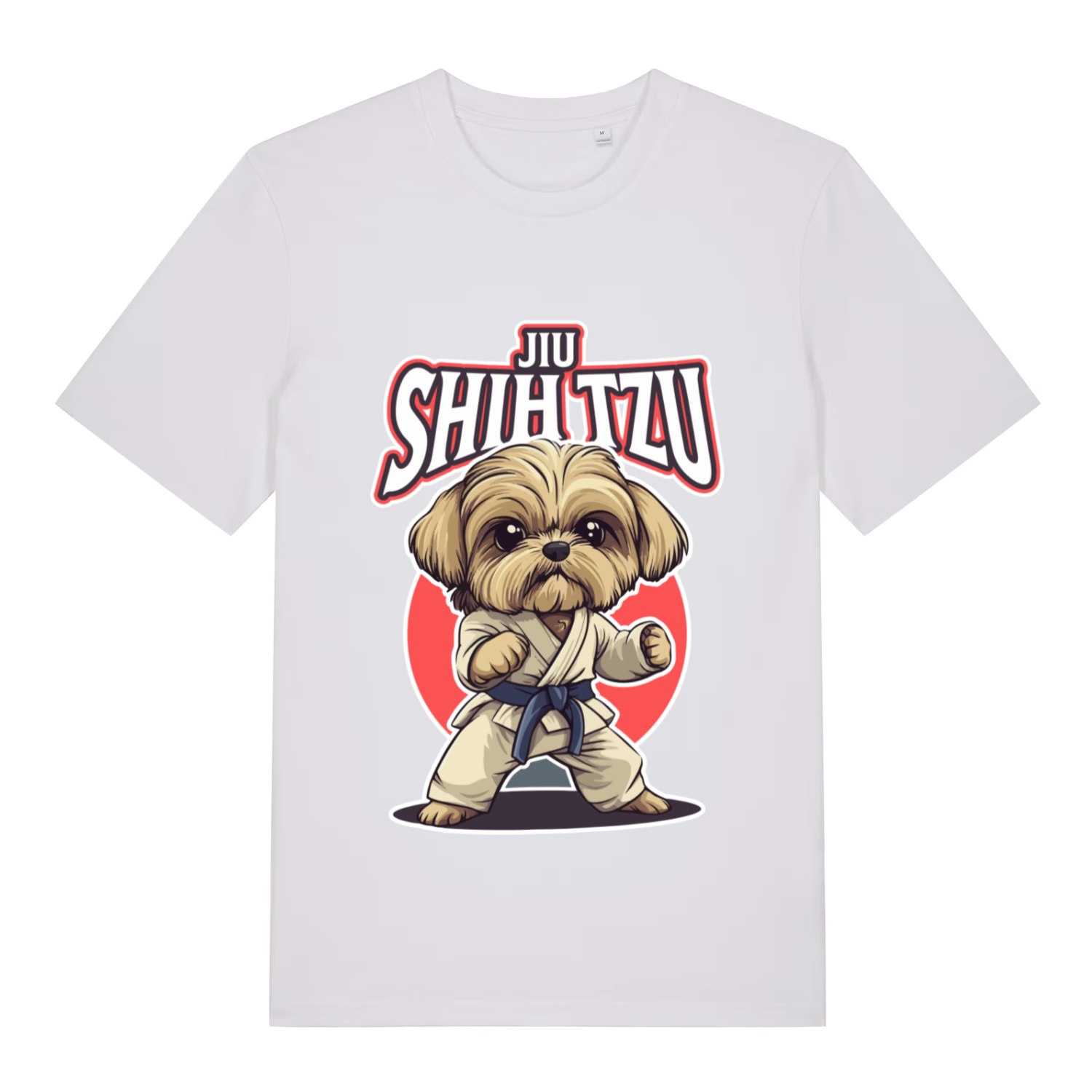 White Jiu Shih Tzu funny graphic t-shirt with detailed martial arts dog graphic and “JIU SHIH TZU” slogan  