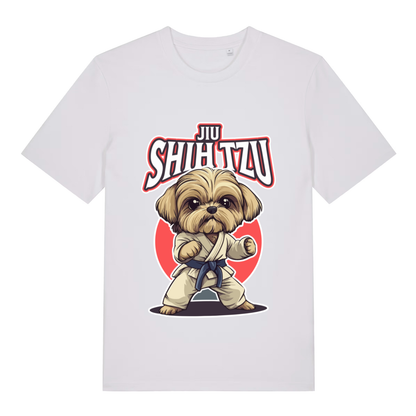 White Jiu Shih Tzu funny graphic t-shirt with detailed martial arts dog graphic and “JIU SHIH TZU” slogan  