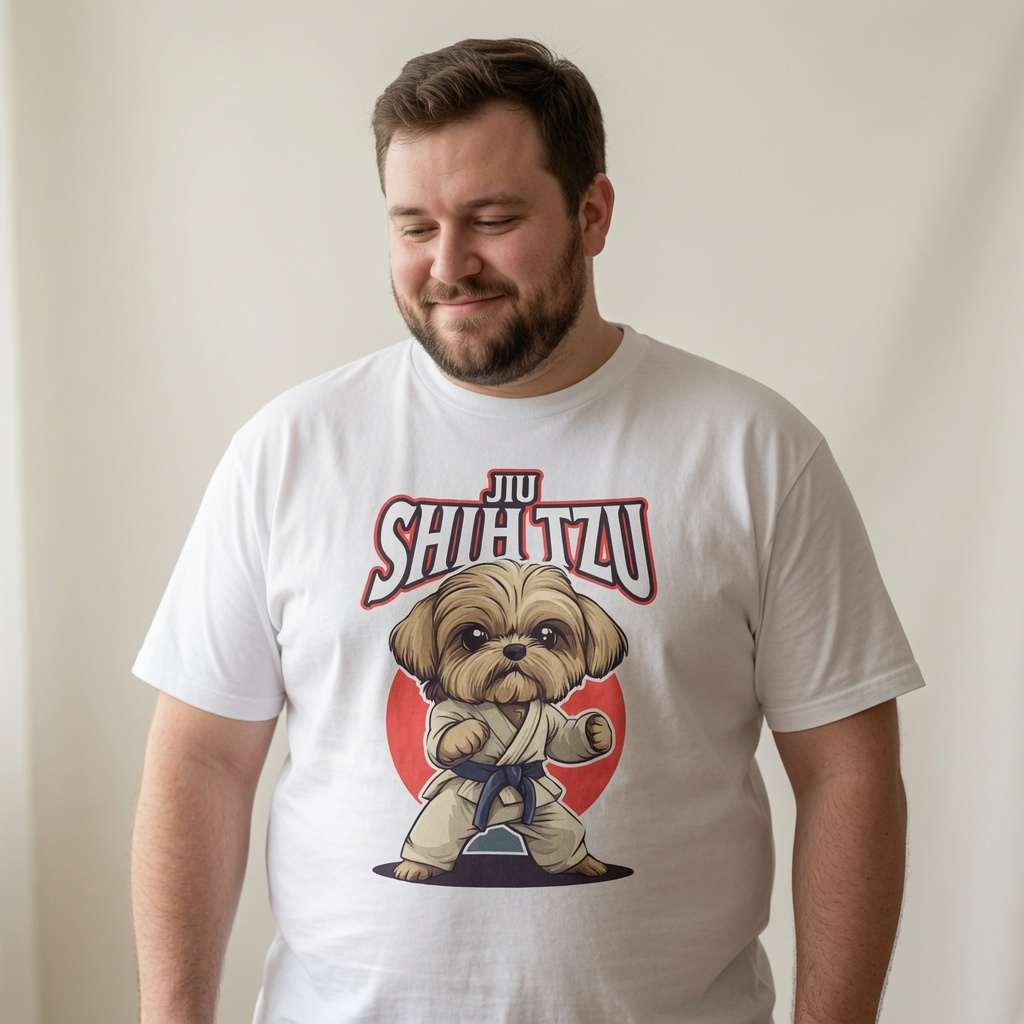 Bearded man looking down smiling in white Jiu Shih Tzu t-shirt, mens witty cheeky Shih Tzu pun graphic