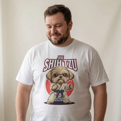 Bearded man looking down smiling in white Jiu Shih Tzu t-shirt, mens witty cheeky Shih Tzu pun graphic