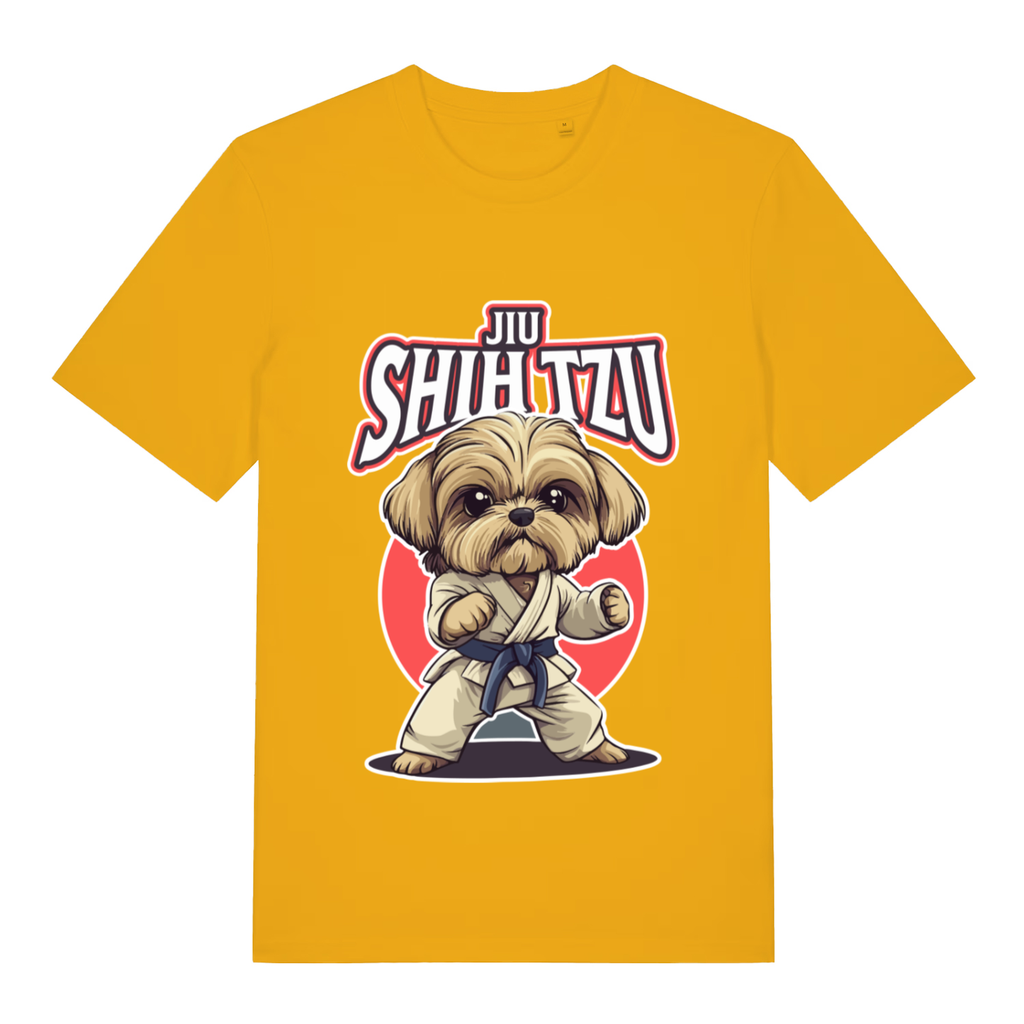 Yellow Jiu Shih Tzu funny graphic t-shirt displaying Shih Tzu ready to fight and bold “JIU SHIH TZU” text  