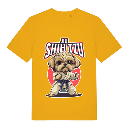 Yellow Jiu Shih Tzu funny graphic t-shirt displaying Shih Tzu ready to fight and bold “JIU SHIH TZU” text  