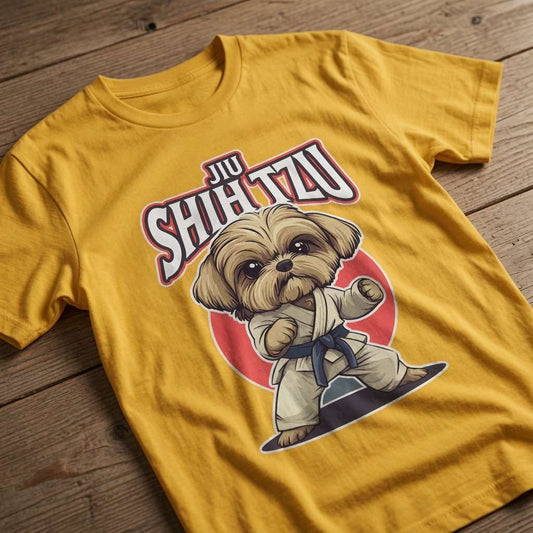 Yellow Jiu Shih Tzu t-shirt on wood featuring karate Shih Tzu dog graphic, funny mens dog pun graphic