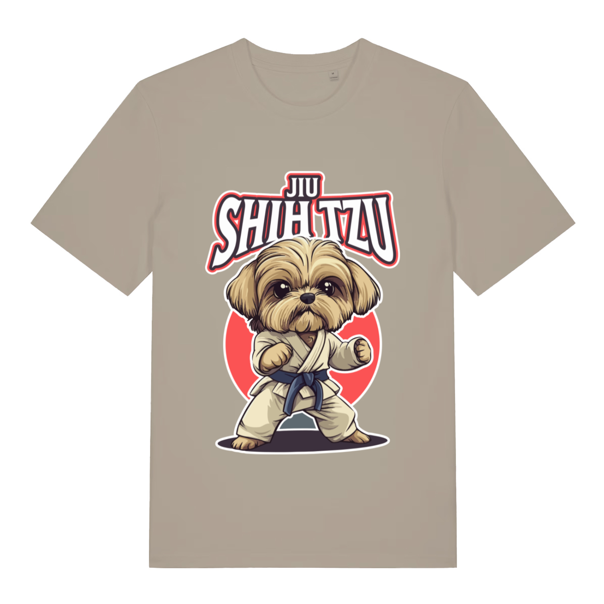 Beige women's Jiu Shih Tzu funny graphic t-shirt with martial arts Shih Tzu in karate gi and bold “JIU SHIH TZU” text  