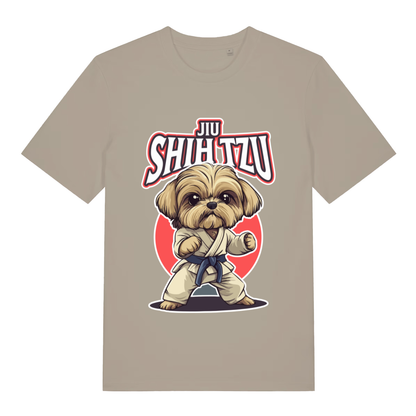 Beige women's Jiu Shih Tzu funny graphic t-shirt with martial arts Shih Tzu in karate gi and bold “JIU SHIH TZU” text  