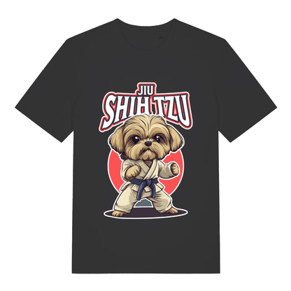 Black women's Jiu Shih Tzu funny graphic t-shirt featuring determined Shih Tzu fighter and “JIU SHIH TZU” design  