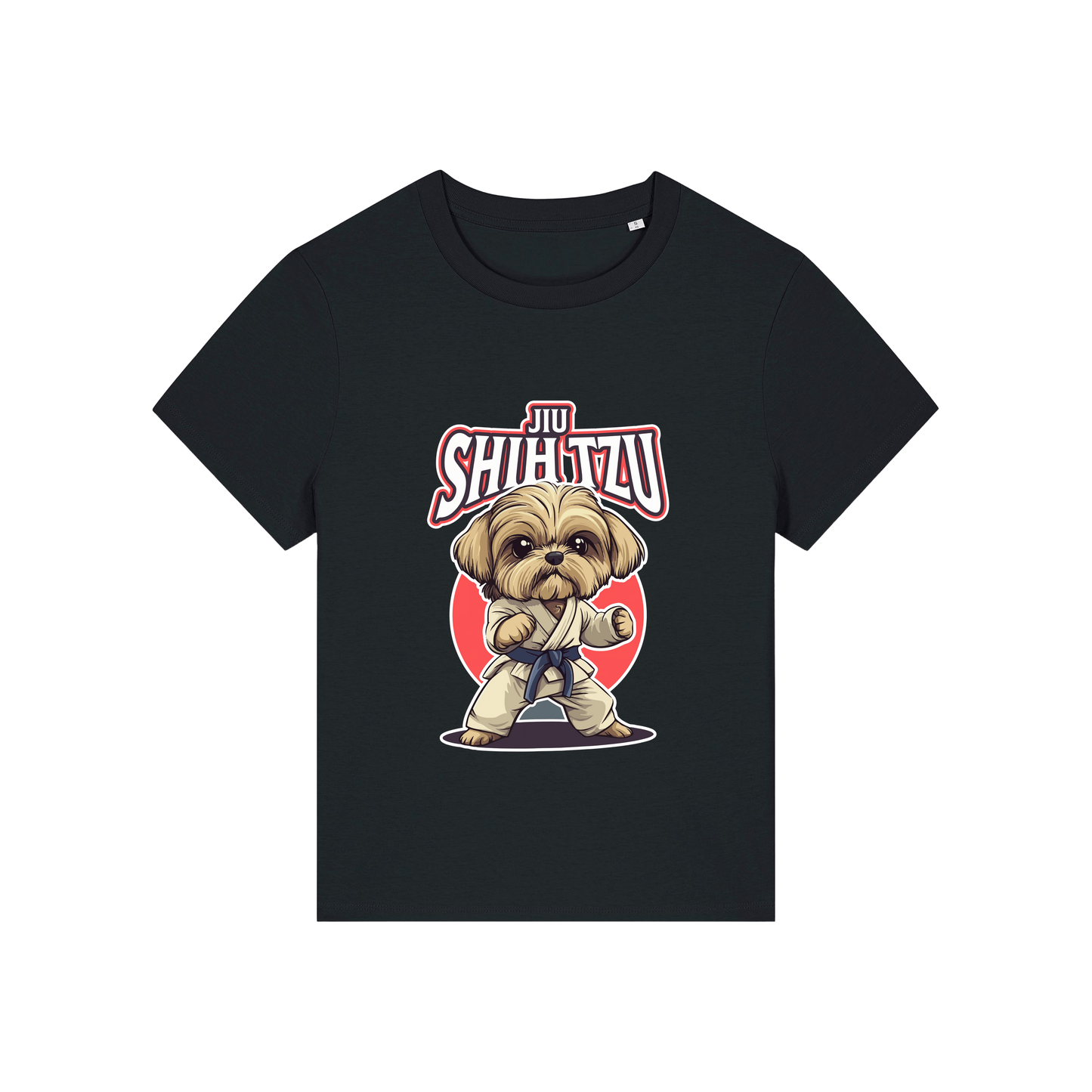 black funny animal t-shirt with the graphic of a dog in dobok and the slogan 'jiu shihtzu'