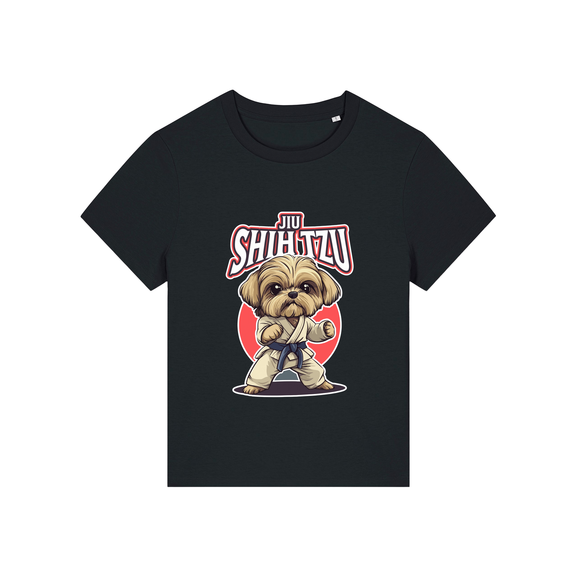 black funny animal t-shirt with the graphic of a dog in dobok and the slogan 'jiu shihtzu'