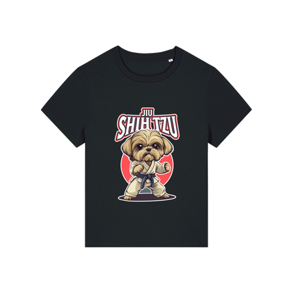 black funny animal t-shirt with the graphic of a dog in dobok and the slogan 'jiu shihtzu'