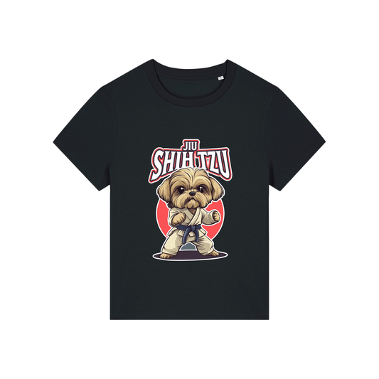 black funny animal t-shirt with the graphic of a dog in dobok and the slogan 'jiu shihtzu'