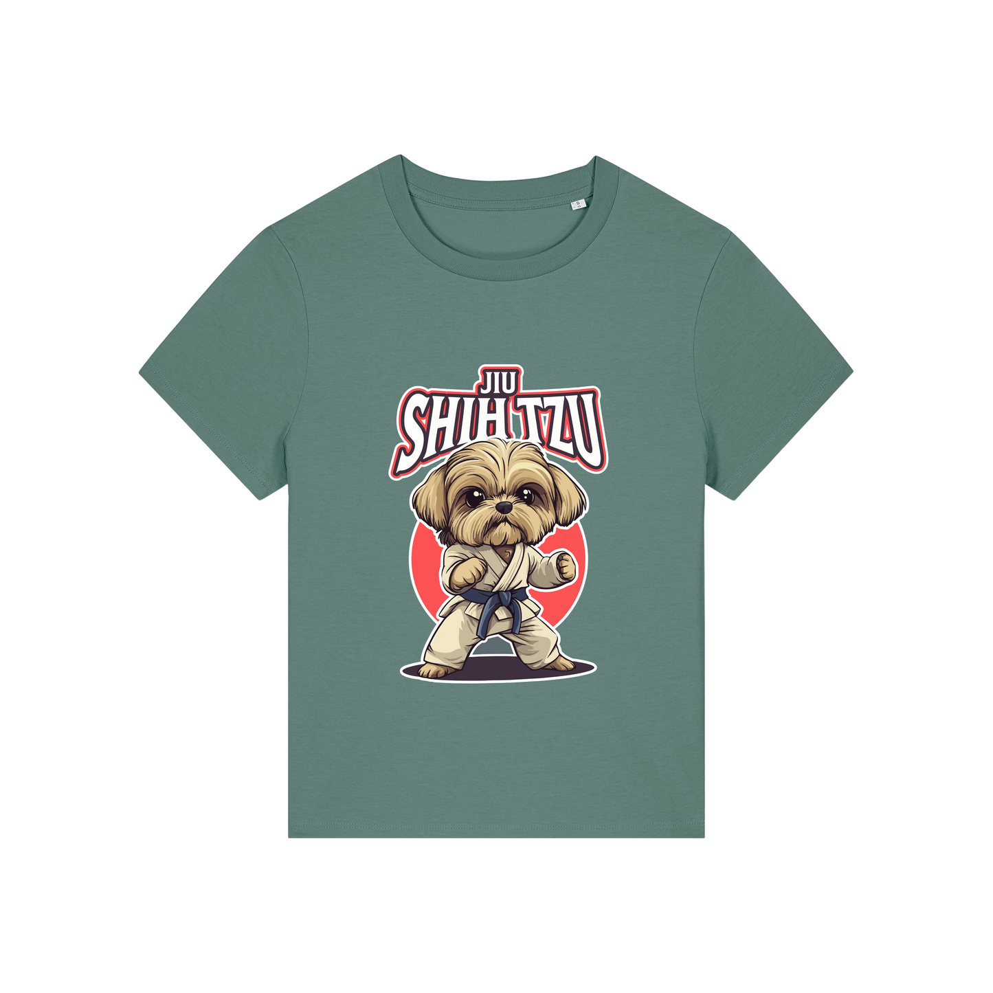 green funny animal t-shirt with the graphic of a dog in dobok and the slogan 'jiu shihtzu'