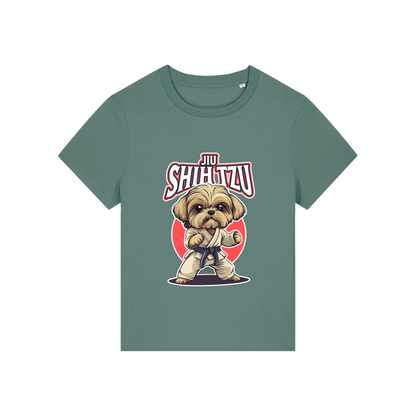 green funny animal t-shirt with the graphic of a dog in dobok and the slogan 'jiu shihtzu'