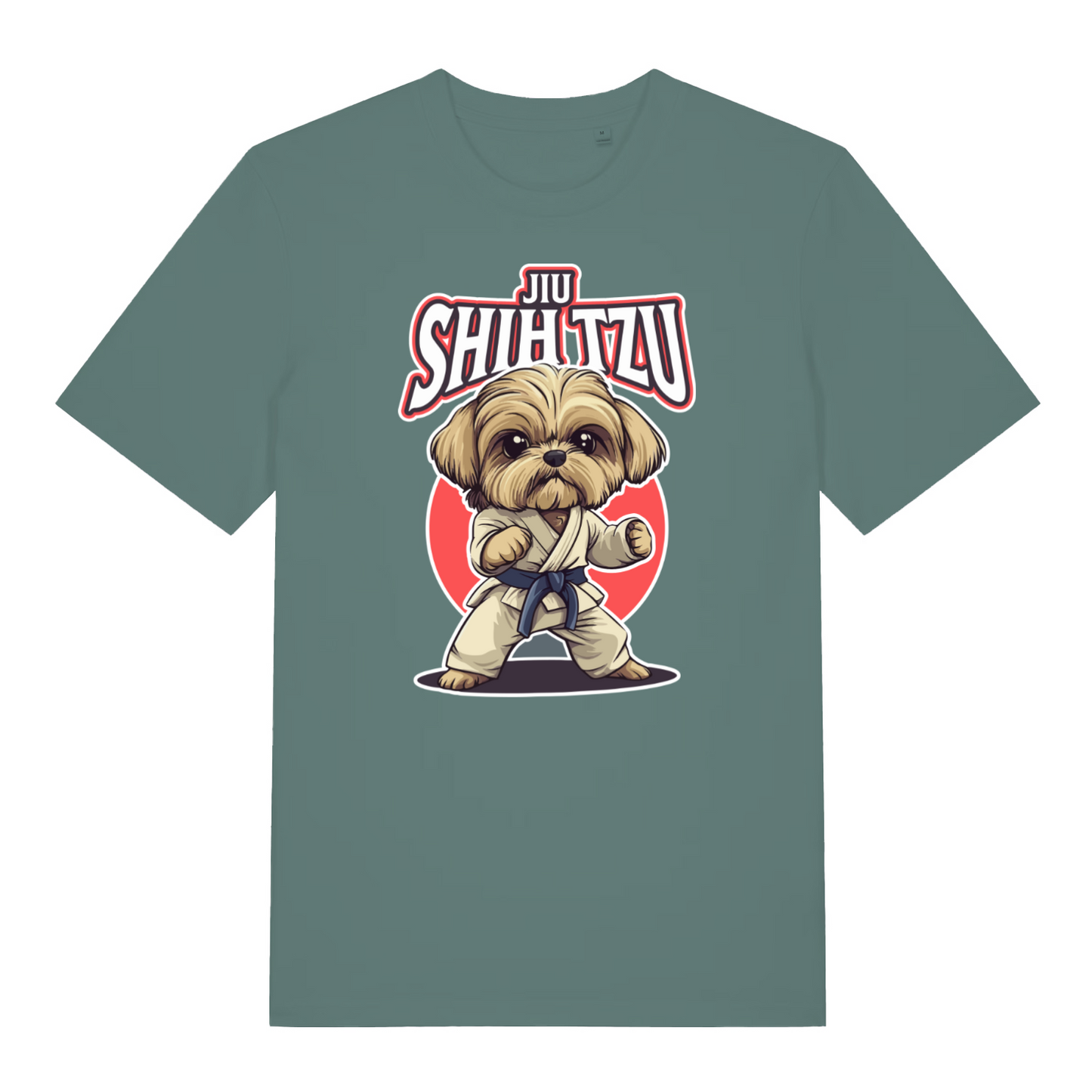 green women's funny animal t-shirt with the graphic of a dog dressed in a martial arts kit and the slogan 'jiu shihtzu'