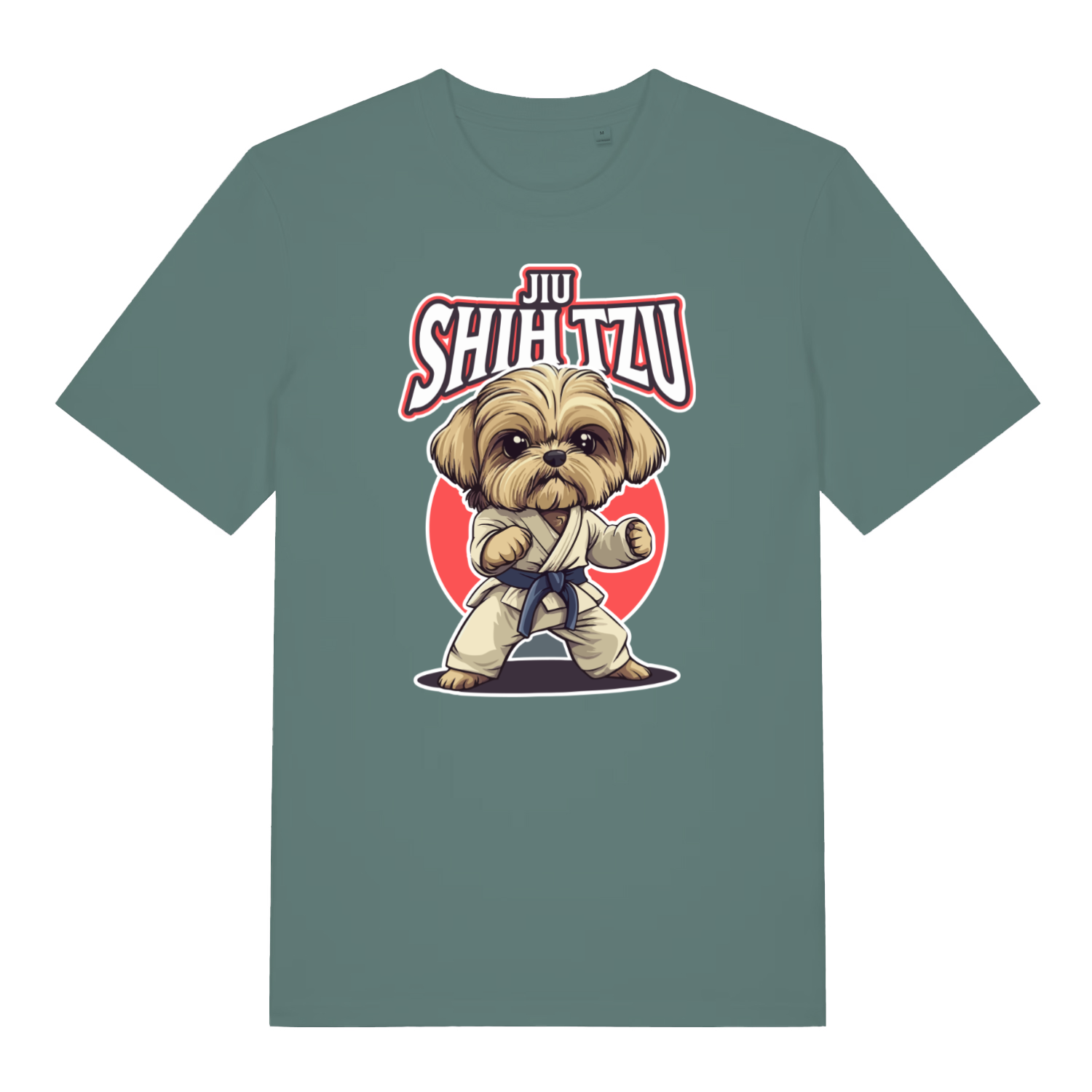 green women's funny animal t-shirt with the graphic of a dog dressed in a martial arts kit and the slogan 'jiu shihtzu'