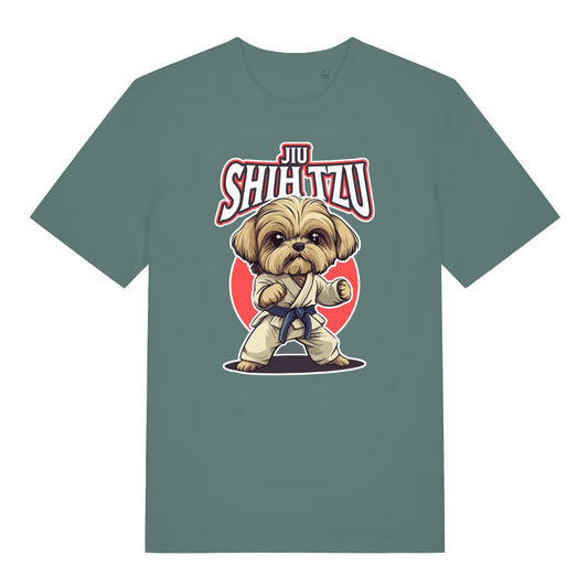 green women's funny animal t-shirt with the graphic of a dog dressed in a martial arts kit and the slogan 'jiu shihtzu'