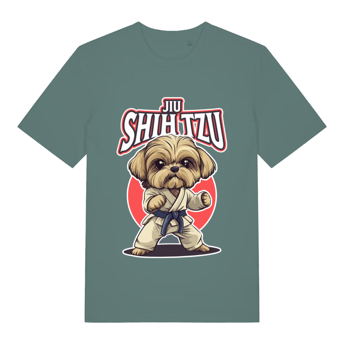 Green women's Jiu Shih Tzu funny graphic t-shirt showing cute Shih Tzu in gi with “JIU SHIH TZU” lettering  