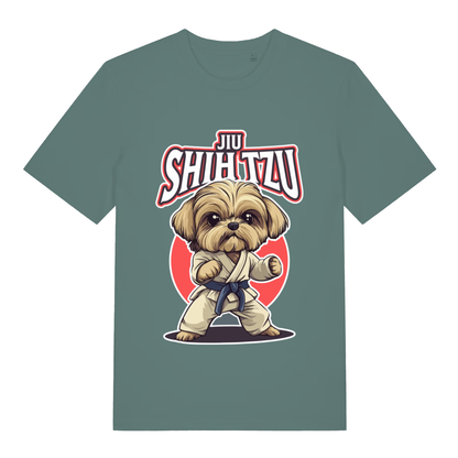 Green women's Jiu Shih Tzu funny graphic t-shirt showing cute Shih Tzu in gi with “JIU SHIH TZU” lettering  