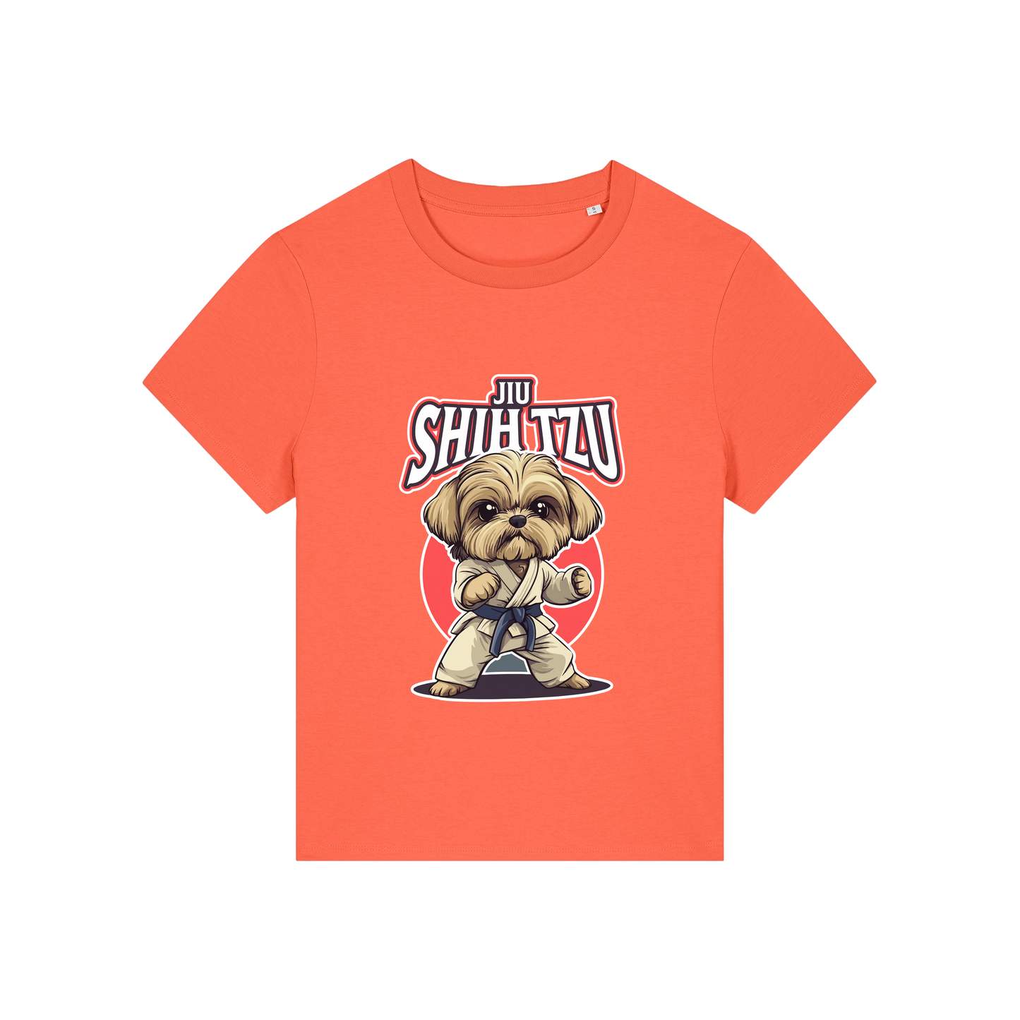 orange funny animal t-shirt with the graphic of a dog in dobok and the slogan 'jiu shihtzu'