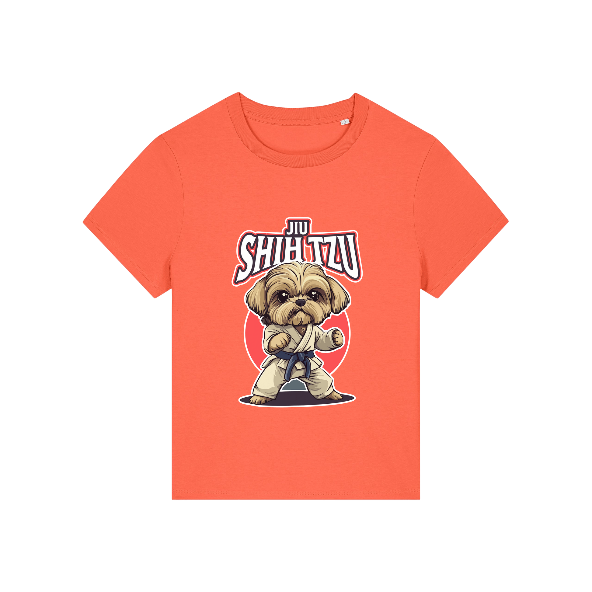orange funny animal t-shirt with the graphic of a dog in dobok and the slogan 'jiu shihtzu'