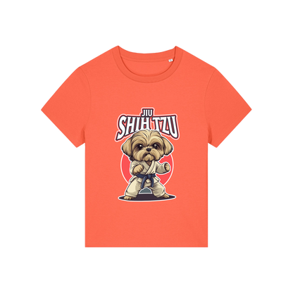 orange funny animal t-shirt with the graphic of a dog in dobok and the slogan 'jiu shihtzu'