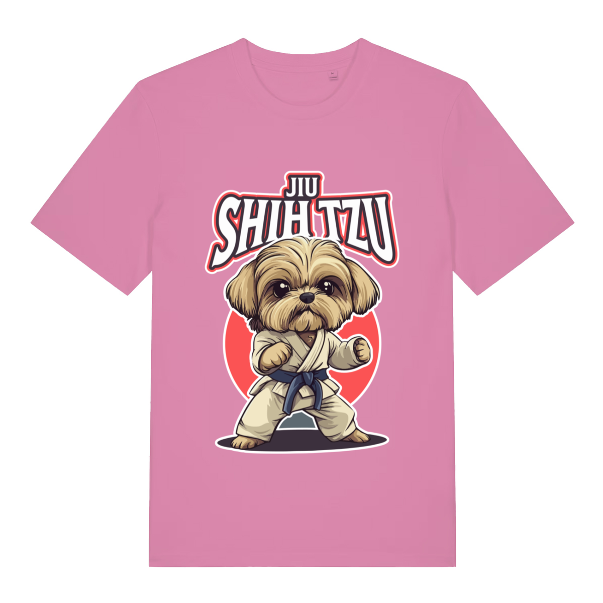Pink women's Jiu Shih Tzu funny graphic t-shirt with detailed martial arts dog graphic and “JIU SHIH TZU” slogan  