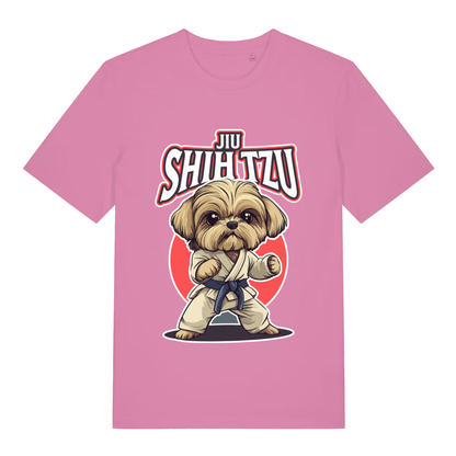 Pink women's Jiu Shih Tzu funny graphic t-shirt with detailed martial arts dog graphic and “JIU SHIH TZU” slogan  