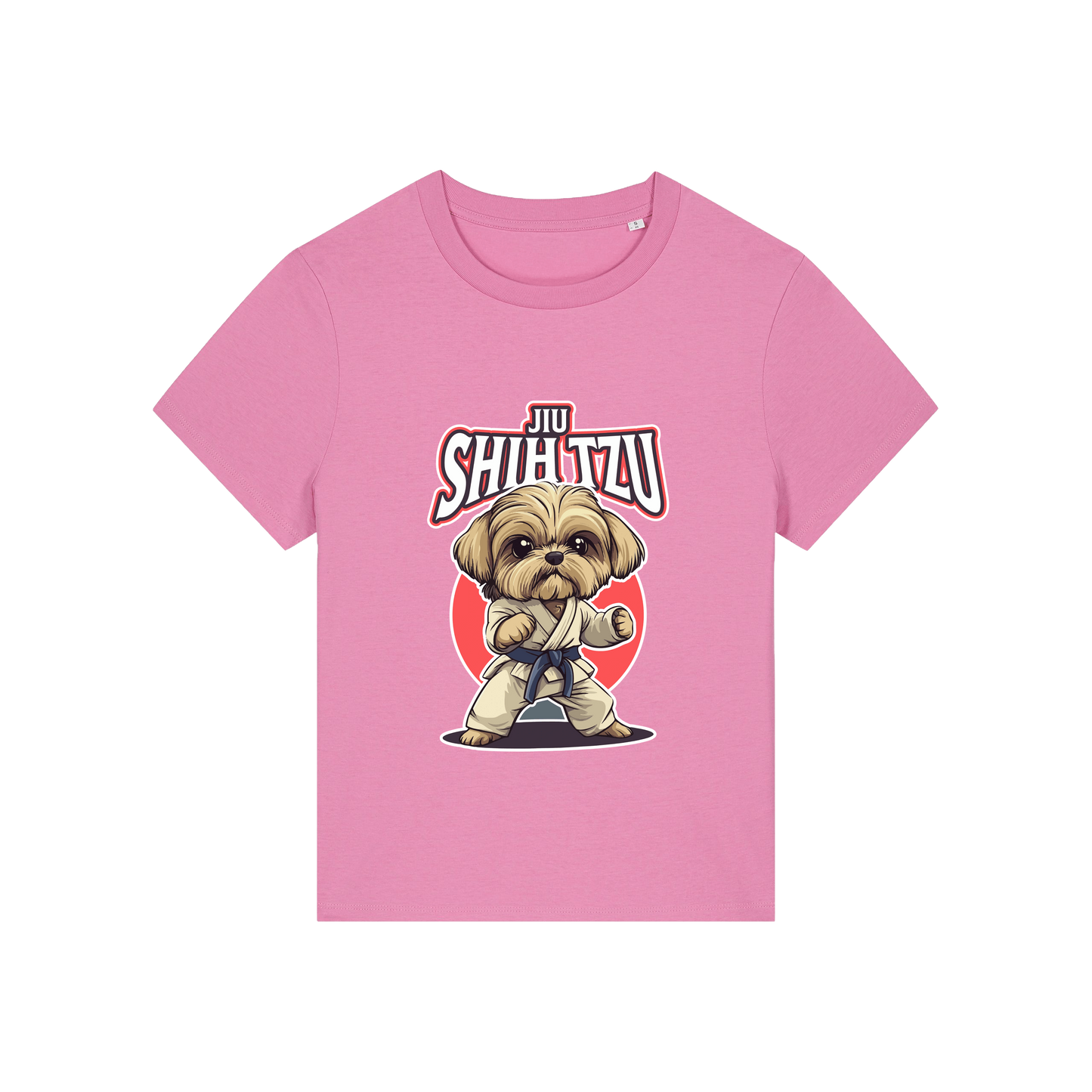pink funny animal t-shirt with the graphic of a dog in dobok and the slogan 'jiu shihtzu'