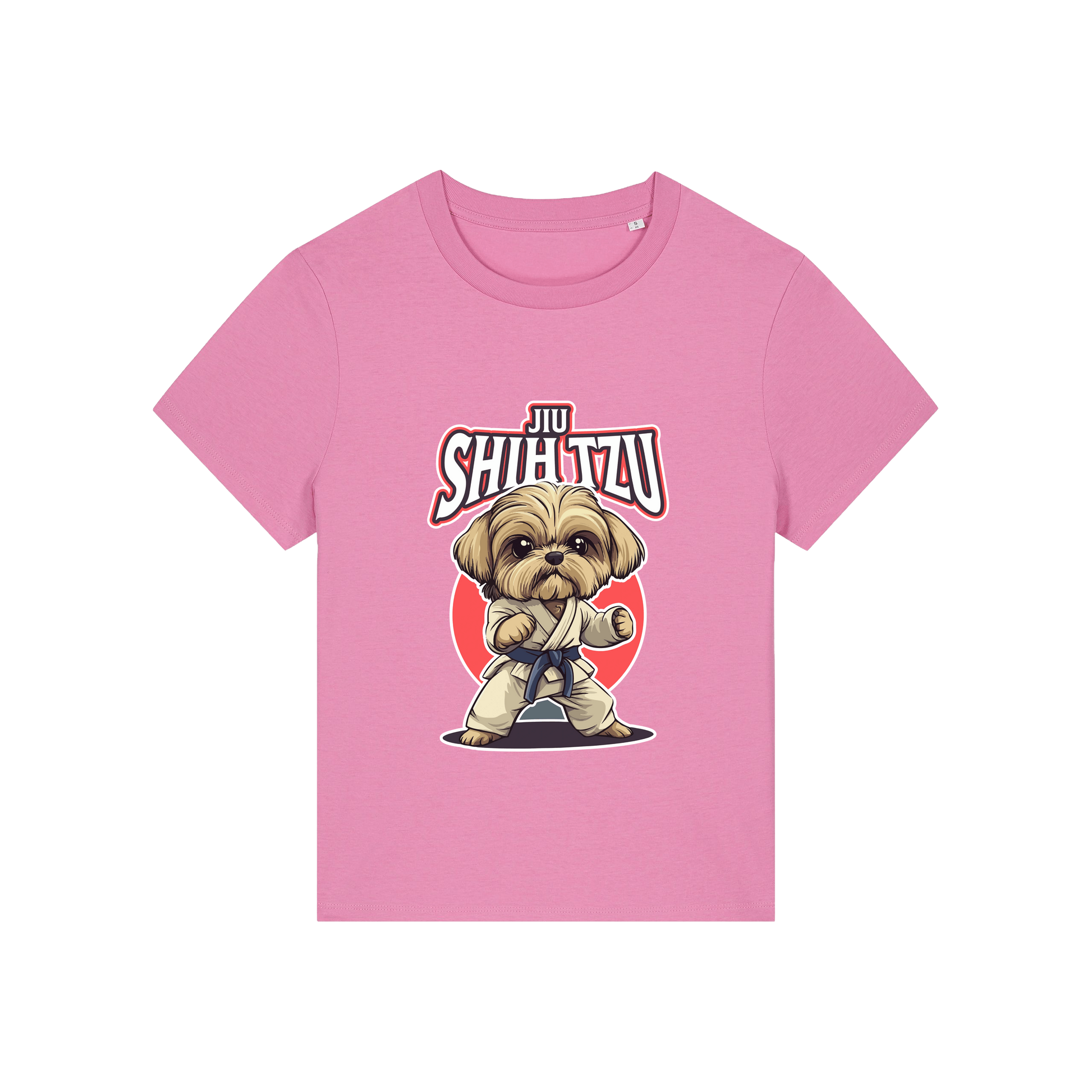 pink funny animal t-shirt with the graphic of a dog in dobok and the slogan 'jiu shihtzu'