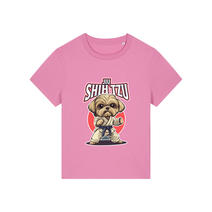 pink funny animal t-shirt with the graphic of a dog in dobok and the slogan 'jiu shihtzu'