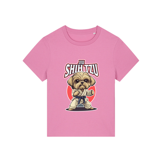 pink funny animal t-shirt with the graphic of a dog in dobok and the slogan 'jiu shihtzu'